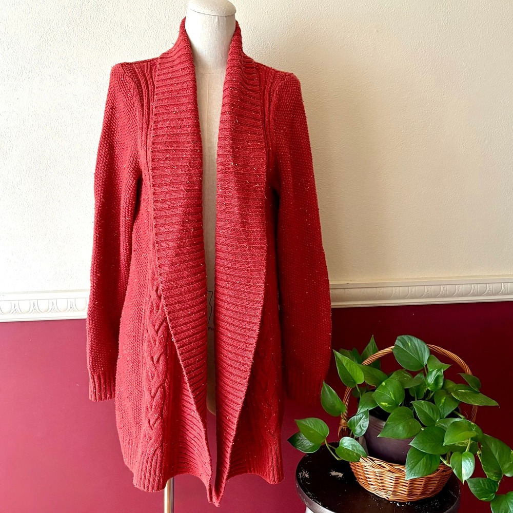 L.L. Bean Cable Knit Shawl Collar Open Cardigan Sweater L Rust Red Fisherman